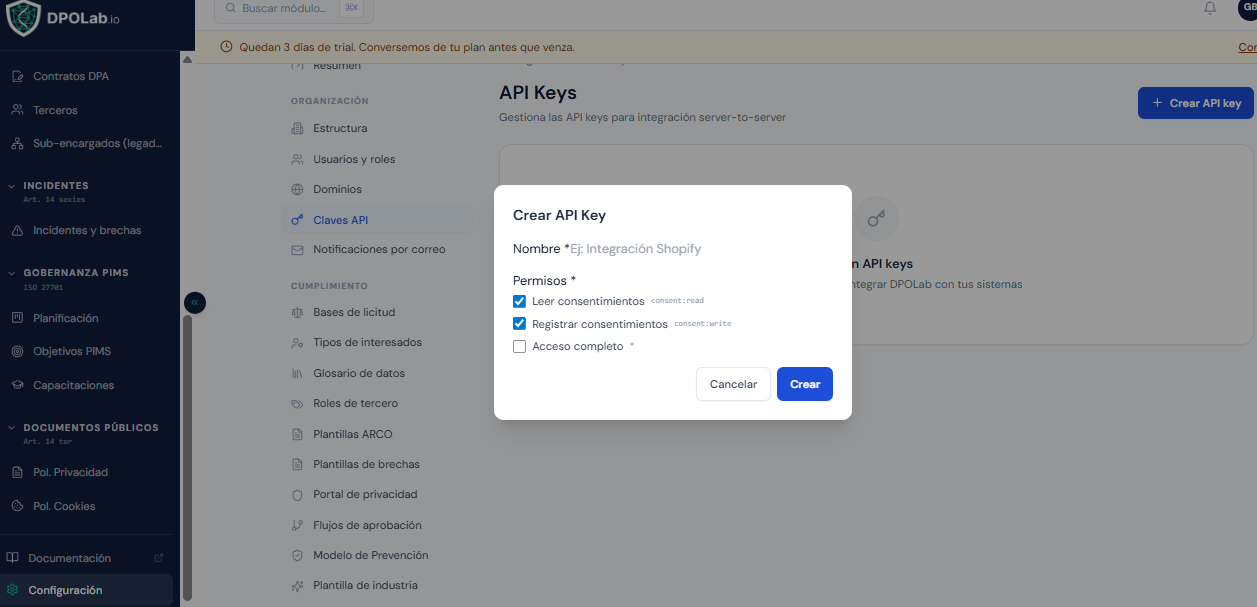 Formulario para crear una clave API