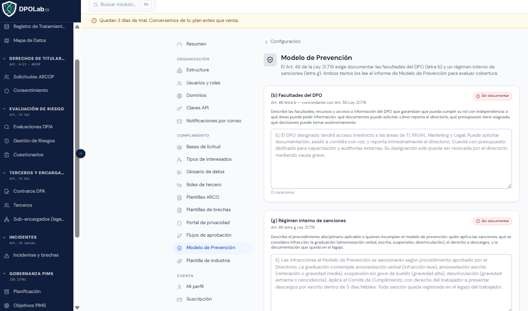 Pantalla del formulario Modelo de Prevención con indicadores de cobertura en tiempo real