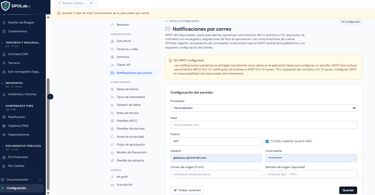 Configuración de notificaciones por correo