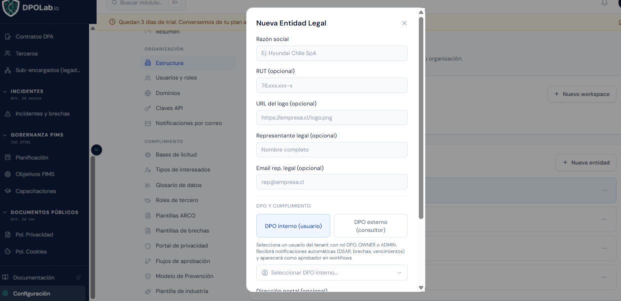 Formulario de nueva entidad legal — paso 1