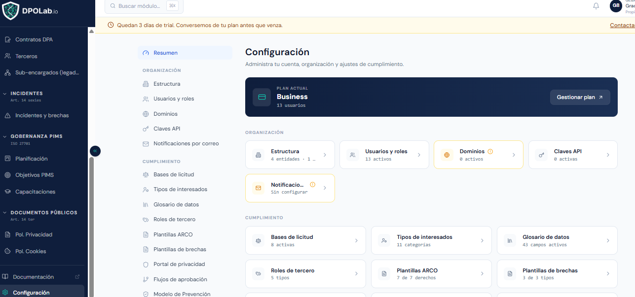 Resumen de Configuración — primera parte
