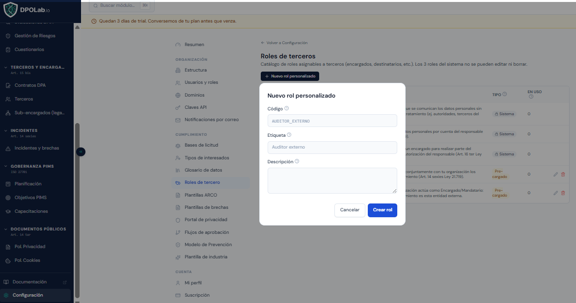 Formulario para crear un rol personalizado