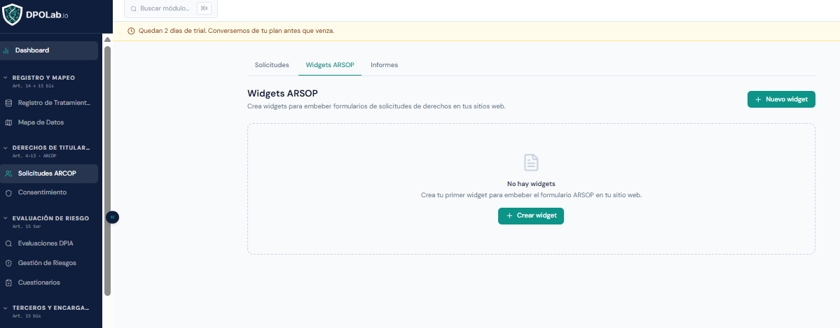Gestión de widgets ARSOP — formularios embebibles por entidad legal
