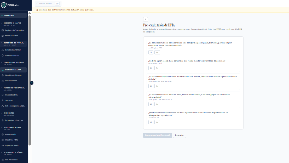 Pantalla de preevaluación de DPIA en DPOLab