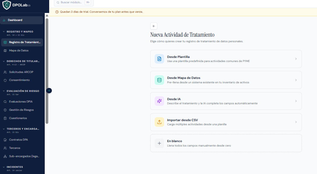 Opciones al crear nueva actividad: manual, IA, plantilla o importar desde CSV
