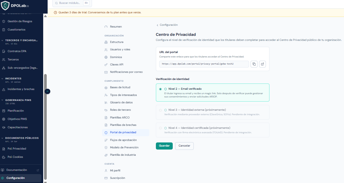 Configuración del portal de privacidad