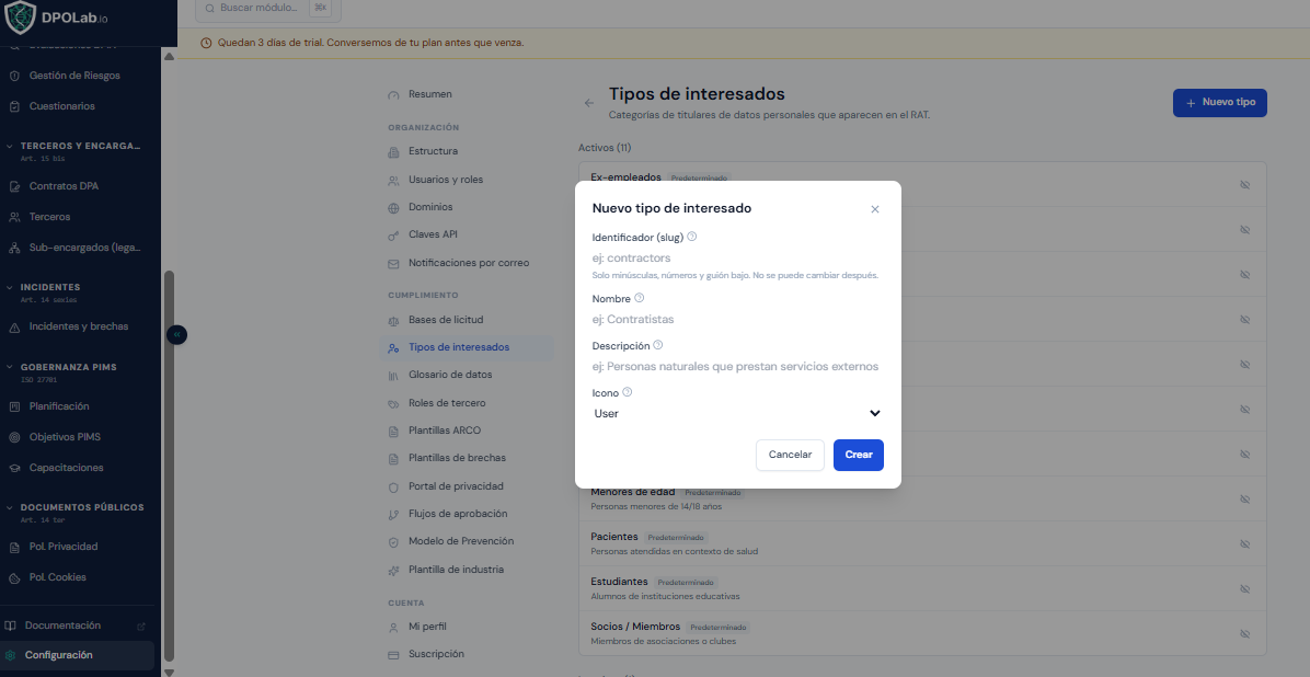 Formulario para agregar un tipo de interesado