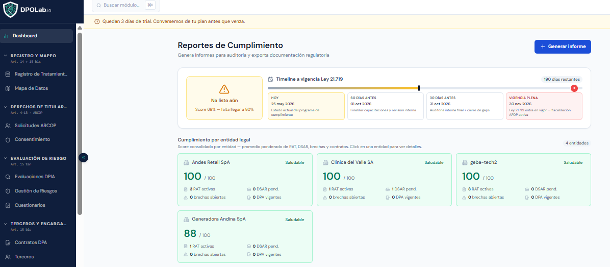 Reportes de cumplimiento — listado y acciones de generación y descarga