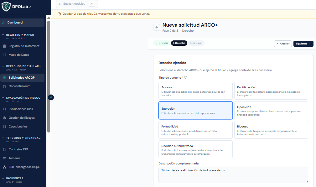 Formulario de nueva solicitud ARSOP — selección de tipo de derecho