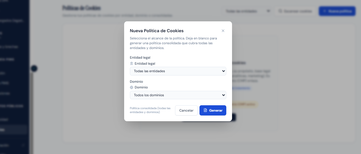 Nueva política de cookies — formulario de generación