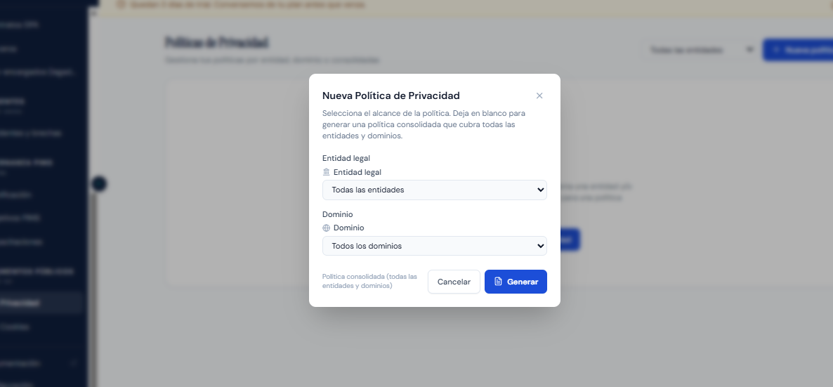 Nueva política de privacidad — formulario de generación